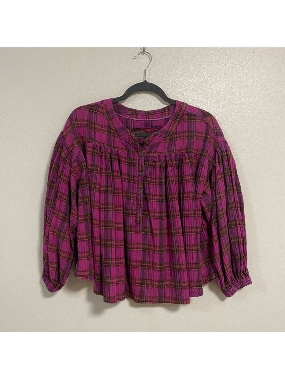 Free People Shirt Women’s Size XS Pink Plaid Jessie Plaid Oversized Top Peasant